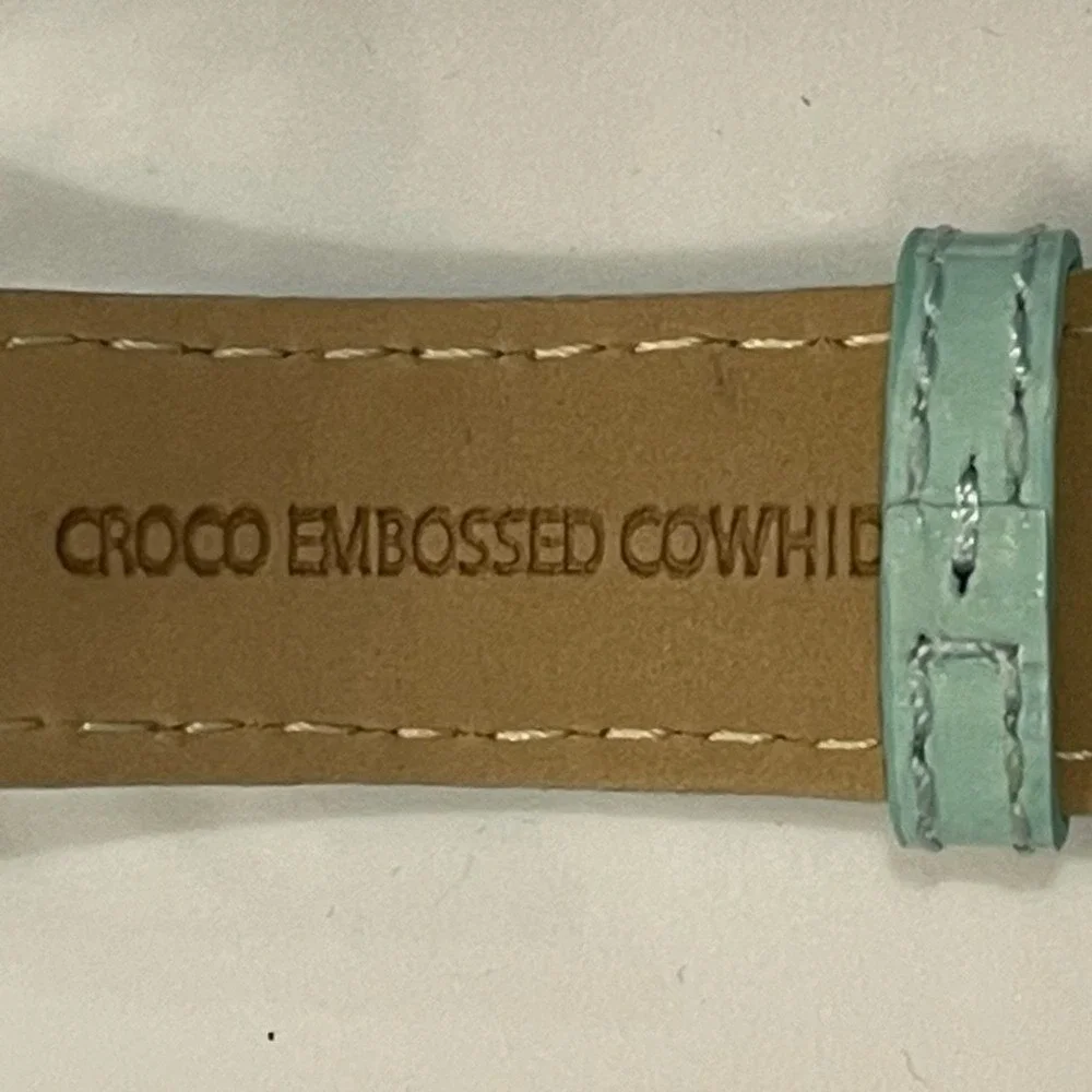 Judith Ripka Turquoise Dial Gold Tone Rope Bezel Croco Leather Strap Watch